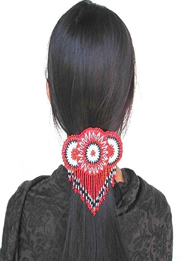 La vivia Handmade Beaded Indian Jewelery Hair Barrette/French Clip,Native American Style Beaded Red Rosette Fringe Bead work Hair Accessories for Women Z40/19 - Image 2