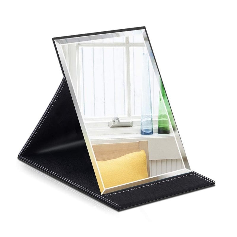 kolorful Portable Folding Makeup MirrorFrameless Pu Leather Vanity Mirror with StandTabletop Adjustable Creative Sturdy Fashion MirrorRectangle Cosmetic Makeup Mirror Black - Image 1