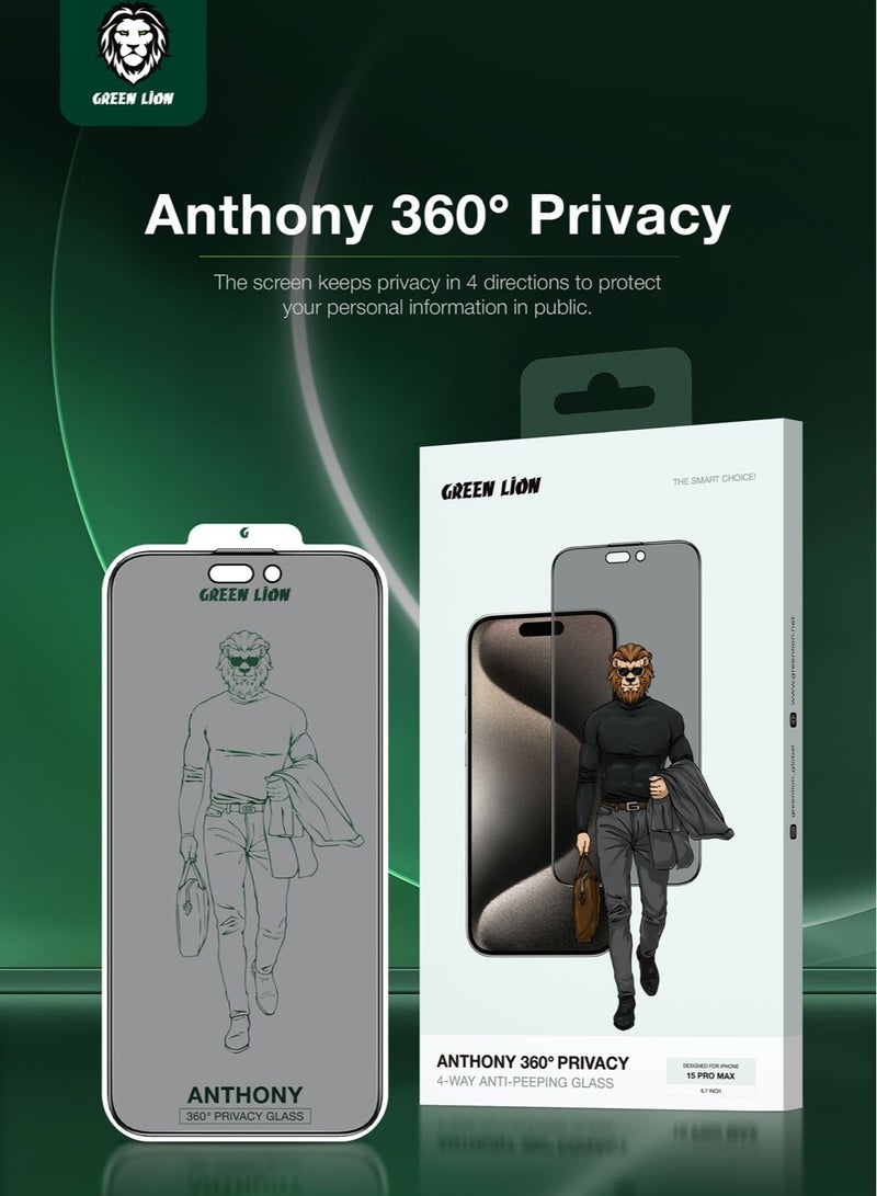GREEN LION ANTHONY 360° Privacy Screen Protector 4-Way Anti-Peeping Glass for iPhone 15 Pro Max / Extreme Durability / Grease Resistance / Anti Fingerprint / Anti Peeping / Anti-Scratch - Black Edge/Privacy - Image 2