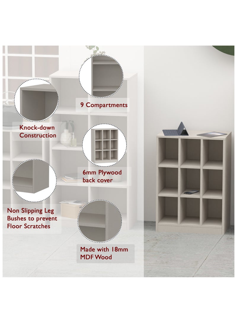 Mahmayi Mahmayi Wooden Display Shelves with 9 Storage Compartment, Freestanding, Top Shelf for Decoration Ideal for Storing Book, Files, Showpieces - Light Grey - Image 4