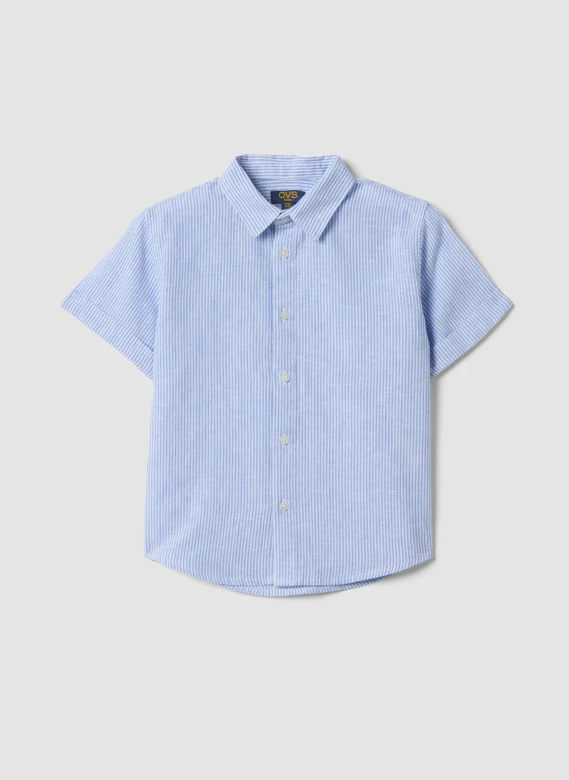 او في اس OVS Boysâ€™ Light Blue Striped Linen-Cotton Blend Shirt, Regular Fit
