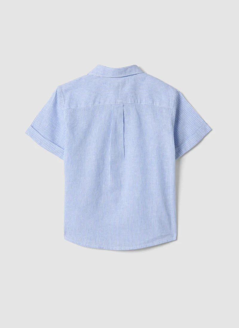 او في اس OVS Boysâ€™ Light Blue Striped Linen-Cotton Blend Shirt, Regular Fit