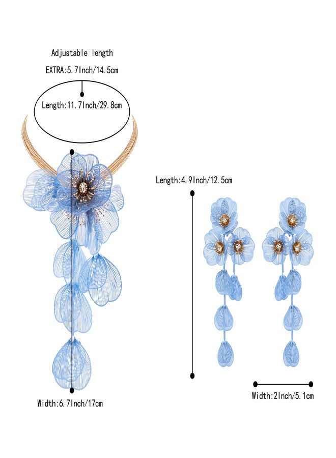 BriLove Strand Statement Flower Necklace for Women, Shiny Chic Floral Collar Bib Necklaces Dangle Earrings Jewelry Summer Beach Holiday Costume Prom Blue Gold-Tone - Image 5