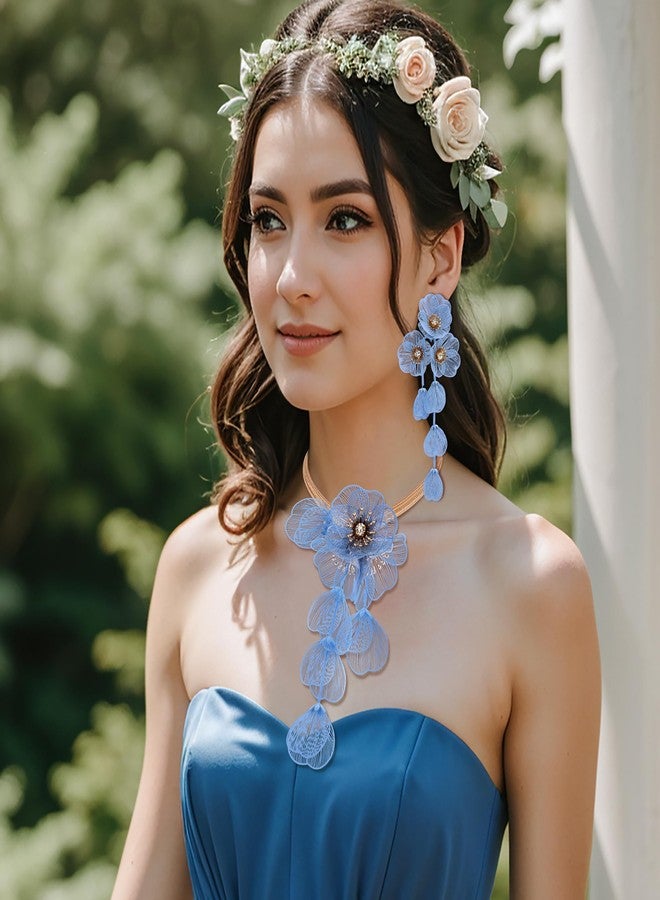 BriLove Strand Statement Flower Necklace for Women, Shiny Chic Floral Collar Bib Necklaces Dangle Earrings Jewelry Summer Beach Holiday Costume Prom Blue Gold-Tone - Image 2