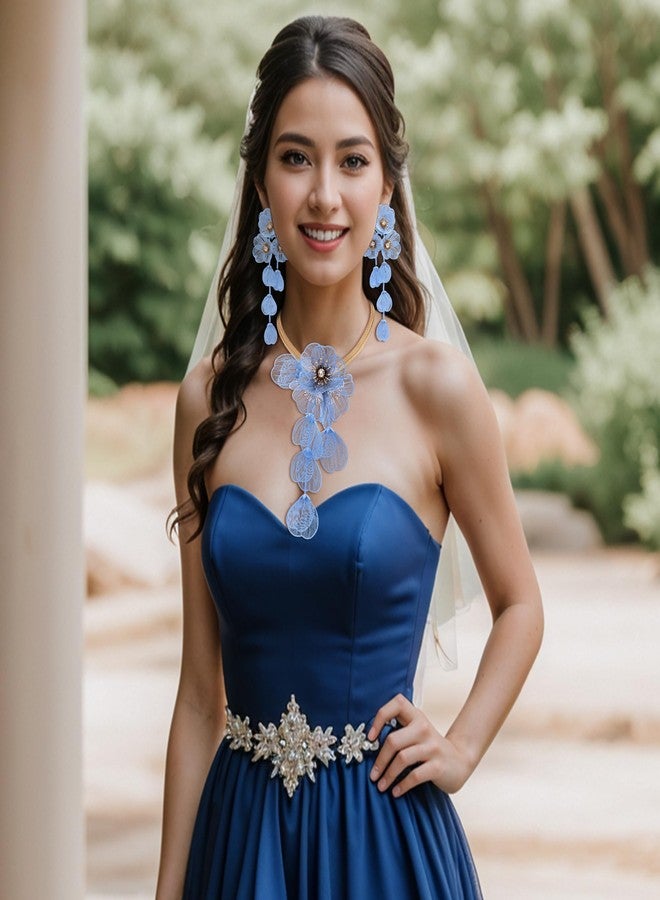 BriLove Strand Statement Flower Necklace for Women, Shiny Chic Floral Collar Bib Necklaces Dangle Earrings Jewelry Summer Beach Holiday Costume Prom Blue Gold-Tone - Image 3