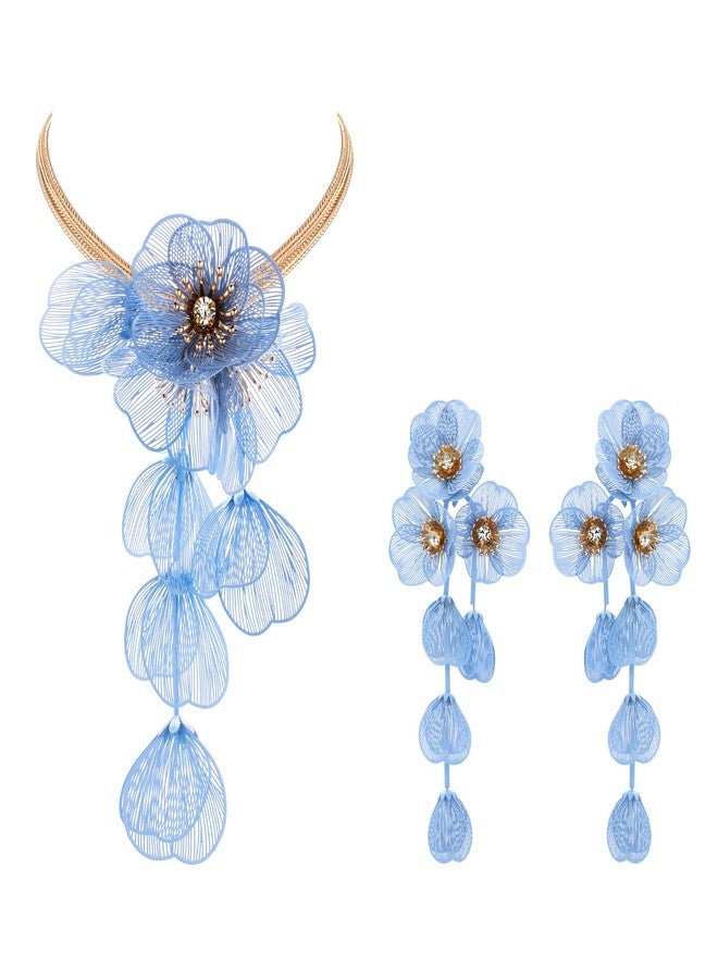 BriLove Strand Statement Flower Necklace for Women, Shiny Chic Floral Collar Bib Necklaces Dangle Earrings Jewelry Summer Beach Holiday Costume Prom Blue Gold-Tone - Image 1
