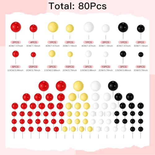 NACHLYNN 80 Pcs Cake Balls Decorations Mini Balloon Cake Topper Balls Foam Cupcake Toppers Balls for Cake Decorating Birthday Parties Weddings Anniversary Red Yellow Black White - Image 5
