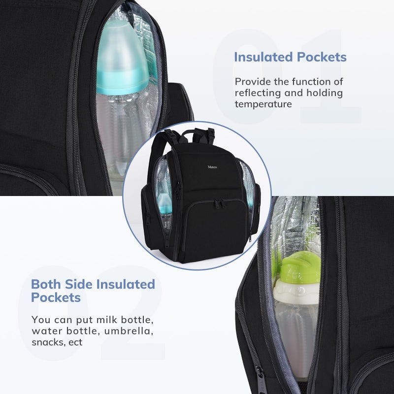 مانكرو Backpack Diaper Bag, Waterproof Boy Travel Bag for Dad and Men, Large Multi-Function, Many Pockets, Lightweight, Stylish Diaper Backpack, Black - Image 3