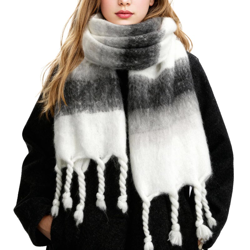 Premillow Women's Mohair Winter Scarf, Warm Winter Scarf for Women and Men, Super Soft Luxurious Cashmere Feel Women Scarfs, Black White Braid - Image 1