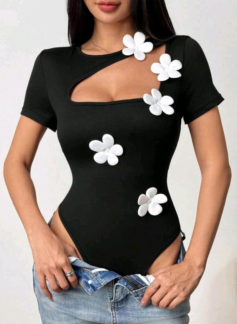 Shein SHEIN Raffinéa 1pc French Stylish Unique Patchwork 3D Floral Black Hollow-Out Short Sleeve Women Bodysuit  - Image 1