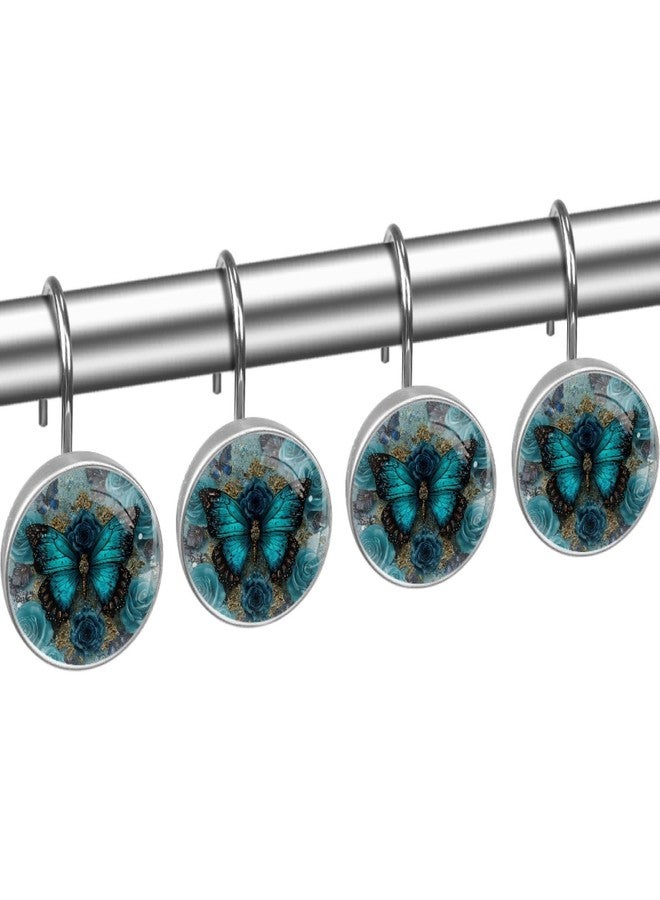 Navy Blue Butterfly Shower Curtain Hooks 12Pcs, Decorative Rust Resistant Shower Rings for Shower Curtain Rods, Stainless Steel Round Curtain Hooks for Bathroom, Bedroom, Farmhouse - Image 2