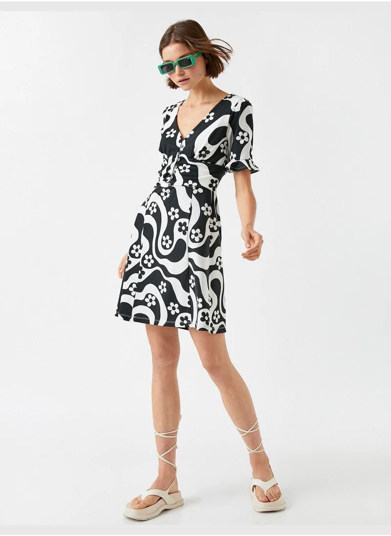 KOTON Floral Mini Dress V Neck Button Detailed