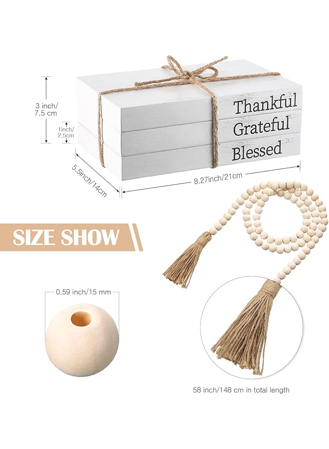 إيروريكس 3 قطع من الكتب المزيفة المزخرفة باللون الأبيض وسلسلة من الخرز الخشبي، كتب عرض مكدسة لتزيين طاولات القهوة في غرفة المعيشة ورف الموقد، كتب شكر وعرفان ومباركة - Image 2