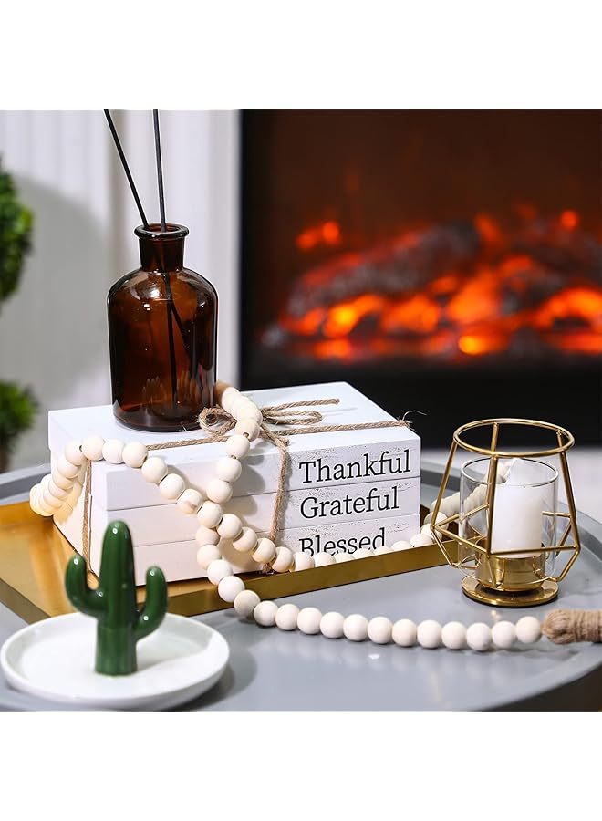 إيروريكس 3 قطع من الكتب المزيفة المزخرفة باللون الأبيض وسلسلة من الخرز الخشبي، كتب عرض مكدسة لتزيين طاولات القهوة في غرفة المعيشة ورف الموقد، كتب شكر وعرفان ومباركة - Image 3