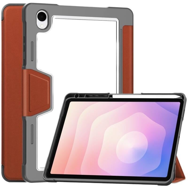 حافظة سامسونج تاب قابلة للطي متوافقة مع Samsung Galaxy Tab A11 / Samsung Galaxy Tab A9 مع حامل قلم باللون بني مع غطاء حماية ووظيفة حامل وحمل يومي للتابلت بوظيفة حامل باللون البني. - Image 1