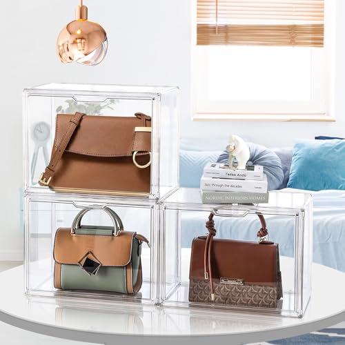 DILIBRA 4 Packs Clear Plastic Handbag Storage Organizer for Closet, Small Acrylic Display Box for Handbag, Stackable Storage Boxes Bag Organizer with Magnetic Door for Purse Clutch Wallet Book - Image 3