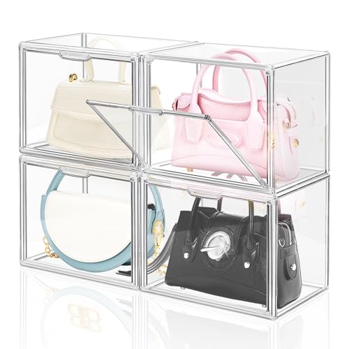 DILIBRA 4 Packs Clear Plastic Handbag Storage Organizer for Closet, Small Acrylic Display Box for Handbag, Stackable Storage Boxes Bag Organizer with Magnetic Door for Purse Clutch Wallet Book - Image 1