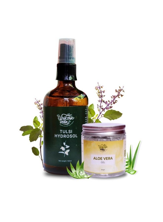 Vriksha Veda Acne Healing Combo I Tulsi Hydrosol/Holy Basil Hydrosol (100 ml) and Pure Aloe Vera Gel (100 gms) I Suitable for all skin types - Image 1