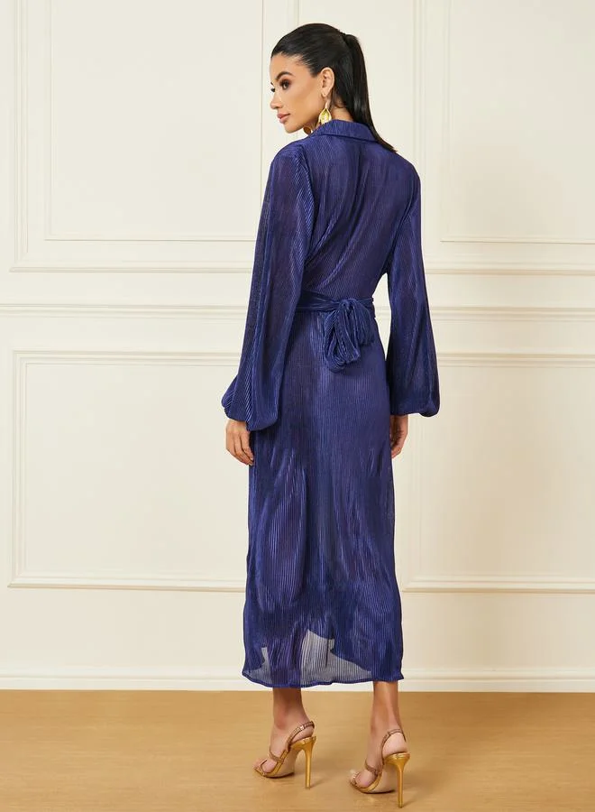 Styli Plisse Button Closure Collared A-Line Midi Dress