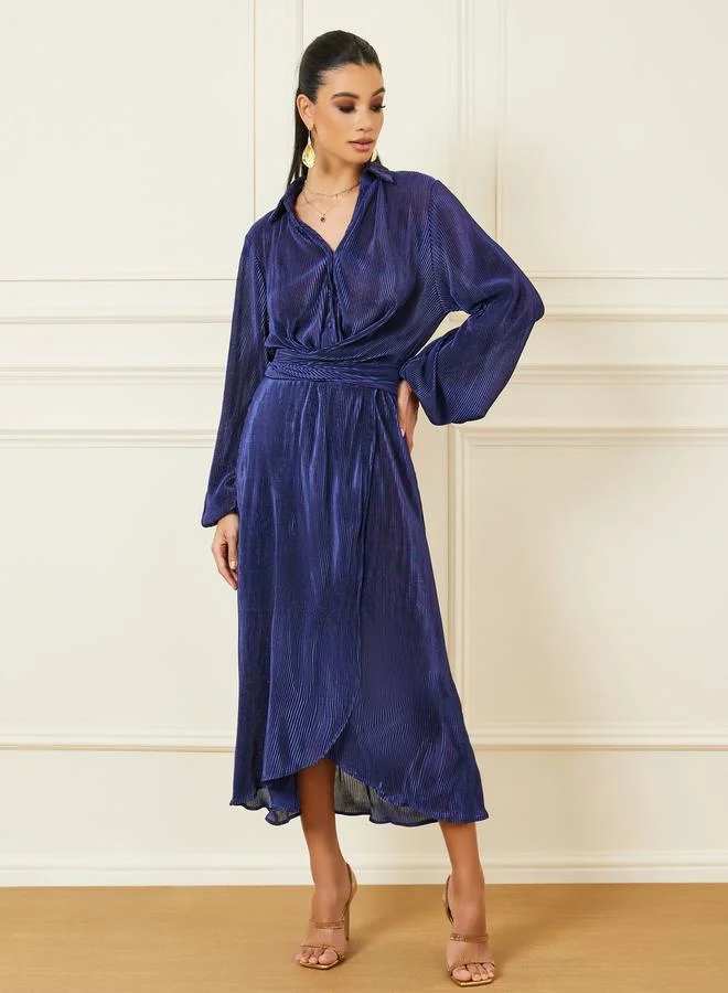 Styli Plisse Button Closure Collared A-Line Midi Dress