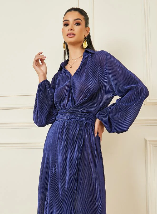Styli Plisse Button Closure Collared A-Line Midi Dress