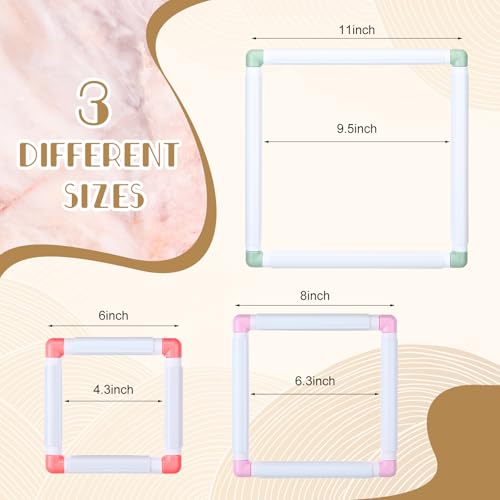 Janinka Embroidery Hoop 3 Pcs Cross Stitch Hoops and Frames White Rectangular Cross Stitch Embroidery Snap Frame DIY Sewing Tool for Quilting SilkPainting 6 x 6 8 x 8 11 x 11 in Mixing Colors - Image 3