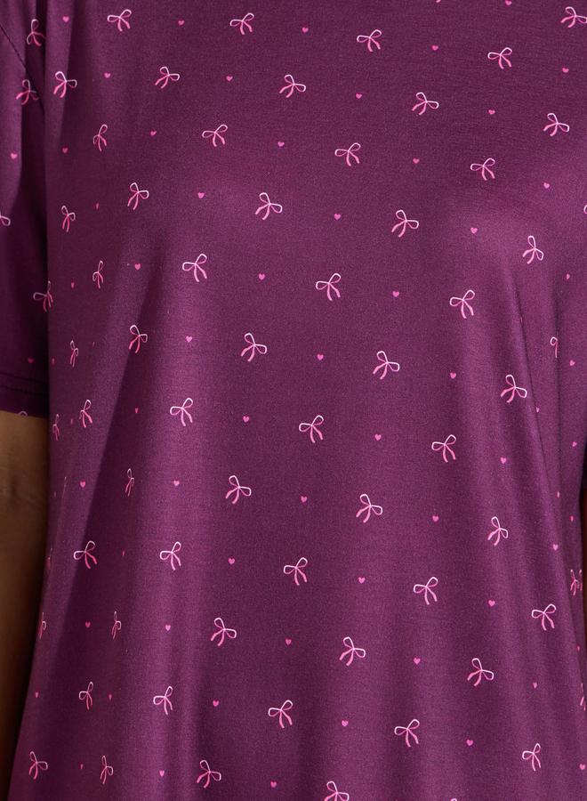 Styli Burgundy All Over Bow and Heart Print Knee Length Sleep T-Shirt Dress - Image 3