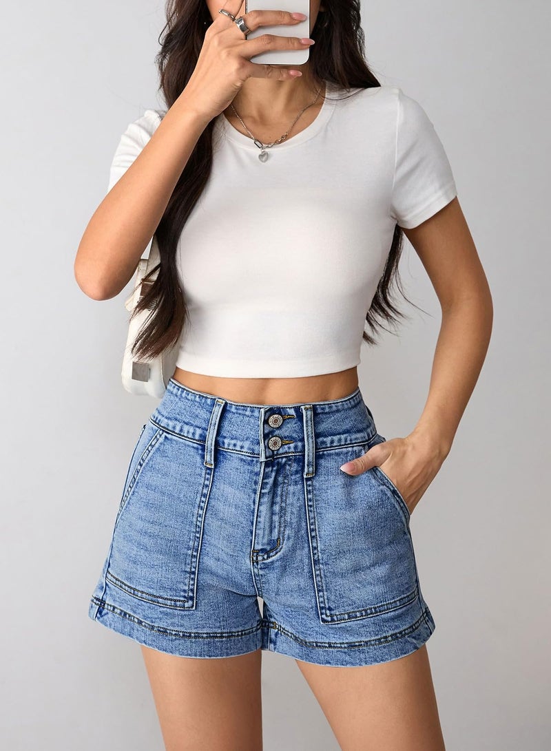 Pink Queen Women's Comfy Jean Shorts Stretchy High Waisted Short Denims Trendy Summer Beach Holiday Tummy Control Shorts with Pockets Light Blue M - Image 5