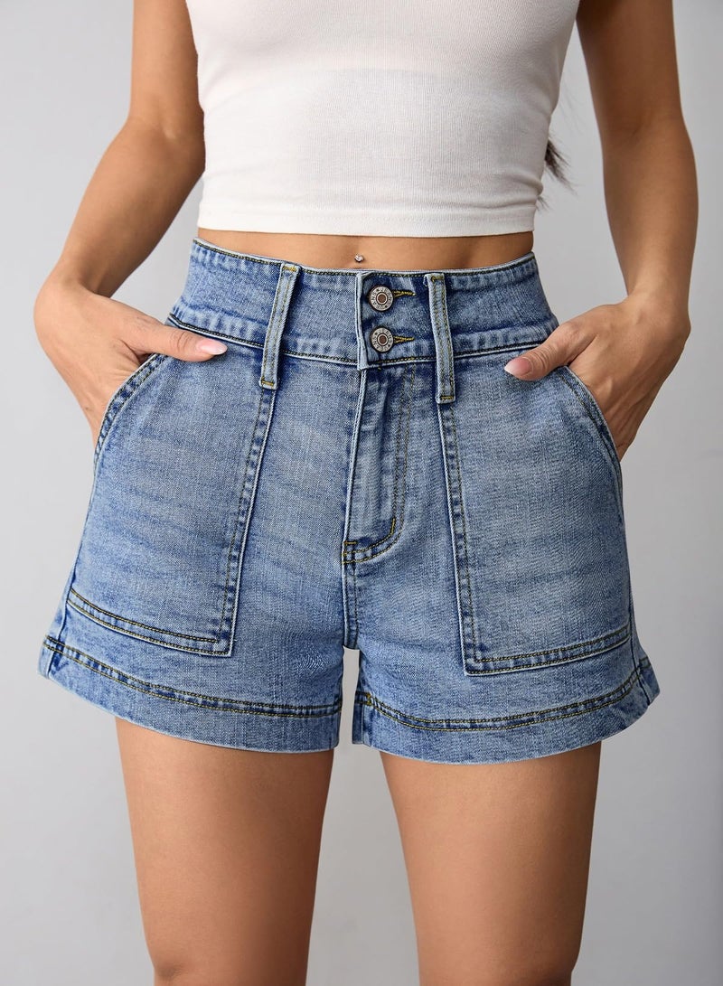 Pink Queen Women's Comfy Jean Shorts Stretchy High Waisted Short Denims Trendy Summer Beach Holiday Tummy Control Shorts with Pockets Light Blue M - Image 2