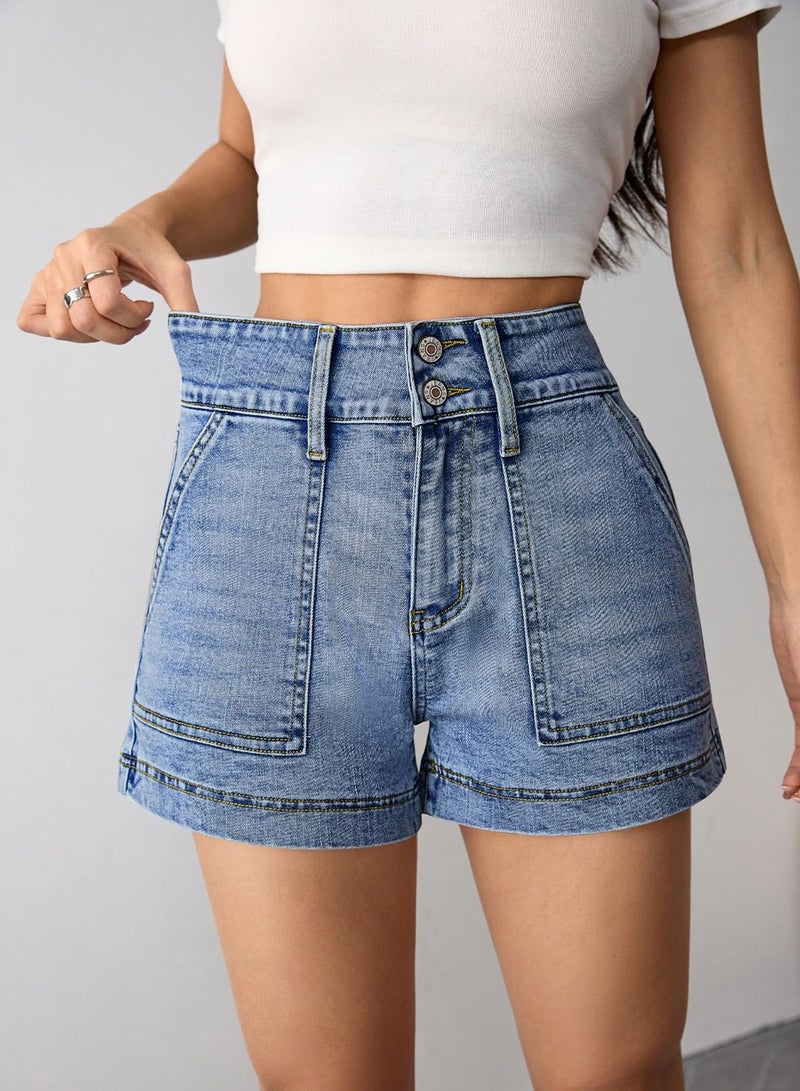Pink Queen Women's Comfy Jean Shorts Stretchy High Waisted Short Denims Trendy Summer Beach Holiday Tummy Control Shorts with Pockets Light Blue M - Image 3