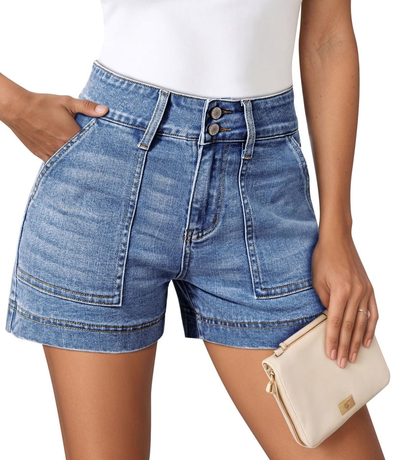 Pink Queen Women's Comfy Jean Shorts Stretchy High Waisted Short Denims Trendy Summer Beach Holiday Tummy Control Shorts with Pockets Light Blue M - Image 1