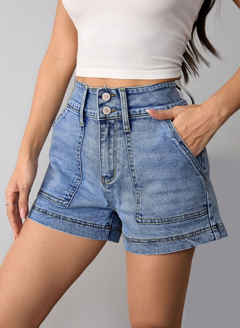 Pink Queen Women's Comfy Jean Shorts Stretchy High Waisted Short Denims Trendy Summer Beach Holiday Tummy Control Shorts with Pockets Light Blue M - Image 4