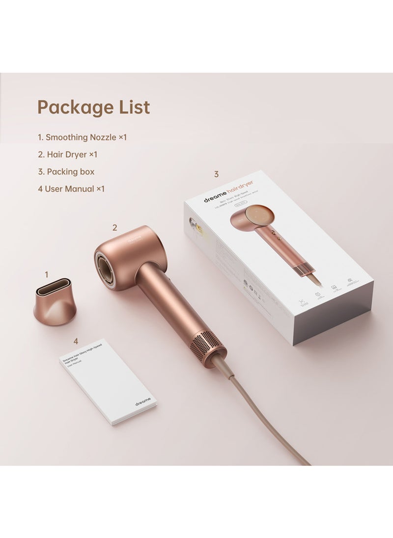 Dreame Hair Glory Hair Dryer, Quick-Drying, 110,000 RPM High-Speed Motor, 70m/s Airflow Speed, Powerful Negative Ions Technology, Lightweight, Temperature and Airspeed Control, Rose Gold-AHD6A-RS