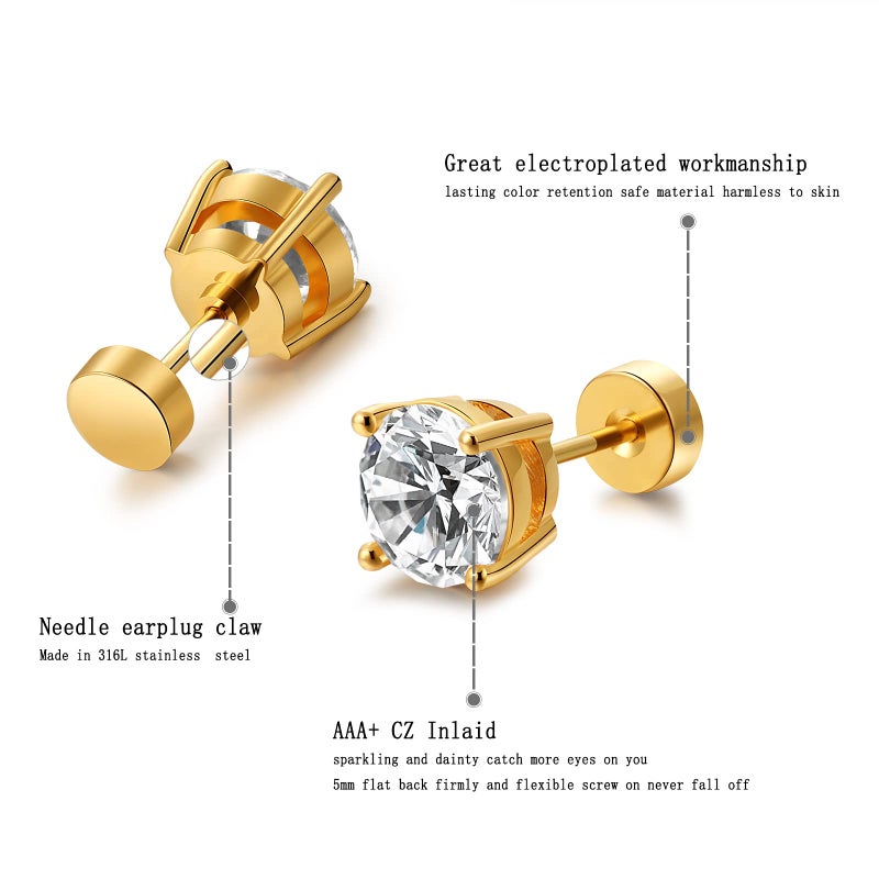 Kainier 5 Pairs CZ Stud Earrings Flat Back Earrings Simulated Diamond Round Surgical Steel Cubic Zirconia Hypoallergenic Flat Back Ear Stud Set - Image 5