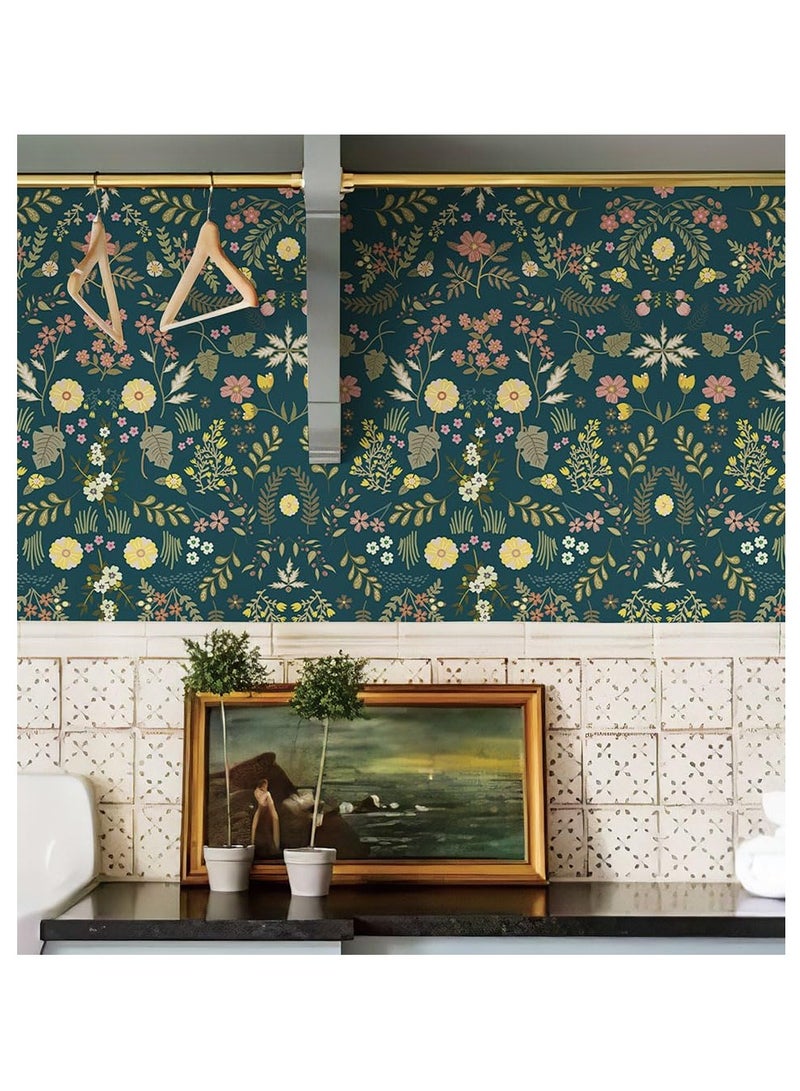 SYOSI Floral Peel and Stick Wallpaper Dark Blue Vintage Wallpaper Wildflower Wall Paper Self Adhesive Contact Paper Boho Removable Wallpaper for Cabinet Bedroom Decor(44*30cm) - Image 3