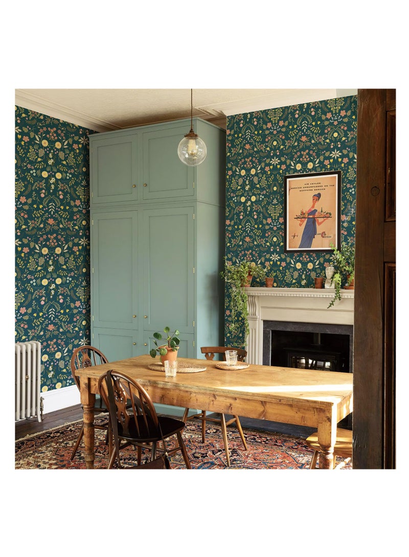 SYOSI Floral Peel and Stick Wallpaper Dark Blue Vintage Wallpaper Wildflower Wall Paper Self Adhesive Contact Paper Boho Removable Wallpaper for Cabinet Bedroom Decor(44*30cm) - Image 5