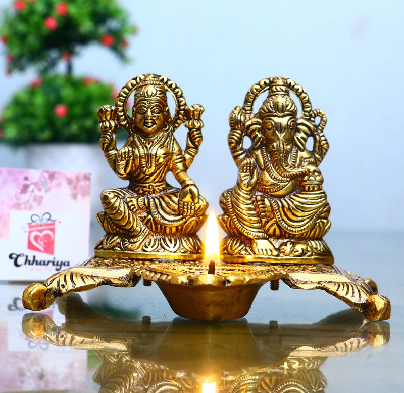 CHHARIYA CRAFTS Lakshmi Ganesha with Diya Statue Idol Murti in Metal Decorative Showpiece - 15 cm (Metal, Gold) - Image 2