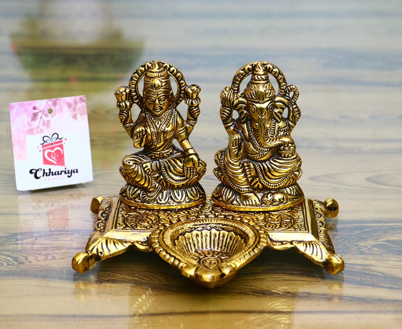 CHHARIYA CRAFTS Lakshmi Ganesha with Diya Statue Idol Murti in Metal Decorative Showpiece - 15 cm (Metal, Gold) - Image 3