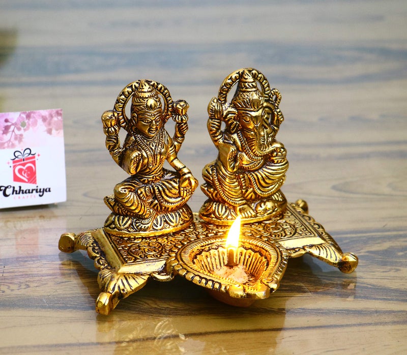 CHHARIYA CRAFTS Lakshmi Ganesha with Diya Statue Idol Murti in Metal Decorative Showpiece - 15 cm (Metal, Gold) - Image 1