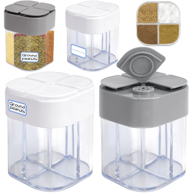 4 Pack 4 in 1 Plastic Salt and Pepper Shaker 4 Grids Flip Empty Spice Dispensers Travel Spice Container Compartment Seasoning Shakers with Lid Travel Spice Jars with Labels for Cooking BBQ