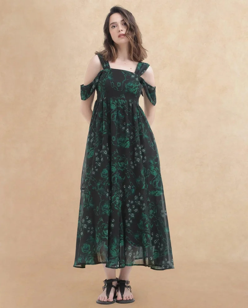 ريريزم Rareism Women Groves Black Polyester Fabric Noodle Strap Print Relaxed Fit Longline Dress