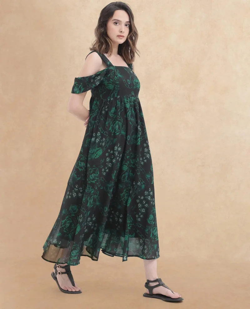 Rareism Women's Romantic Floral Georgette Midi Dress