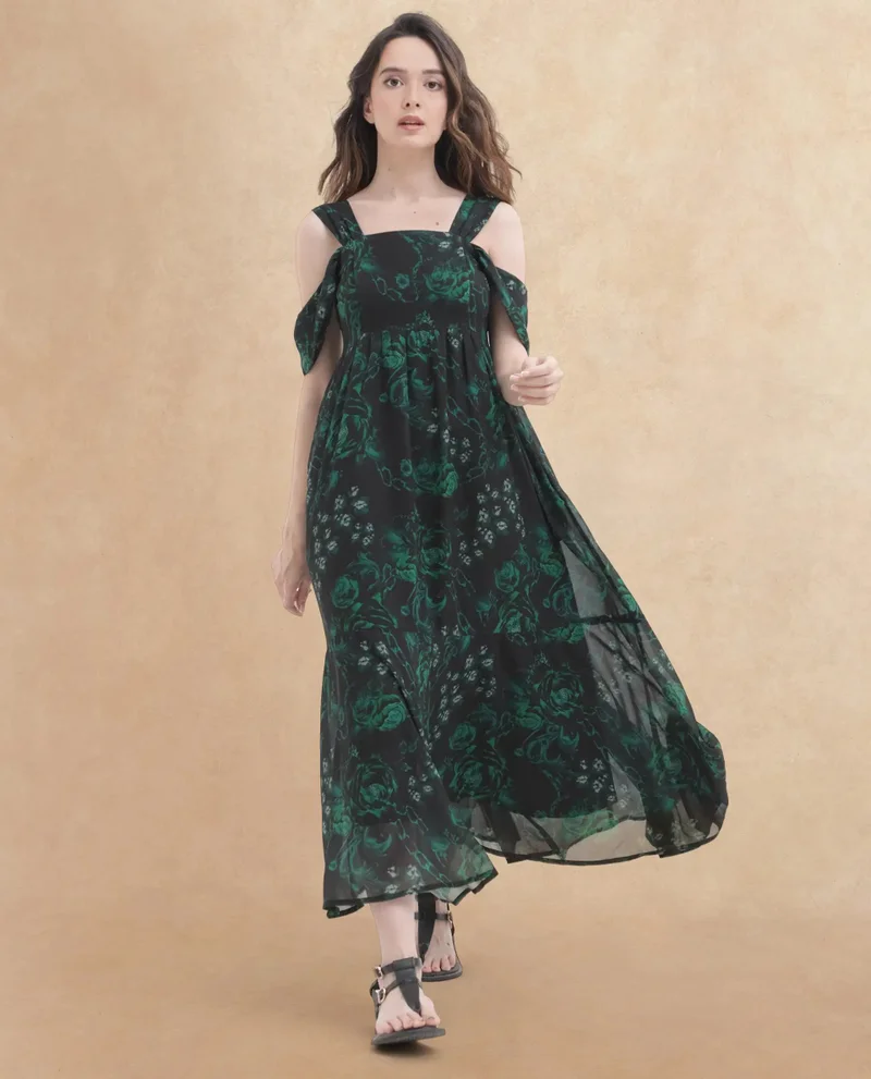 Rareism Women's Romantic Floral Georgette Midi Dress