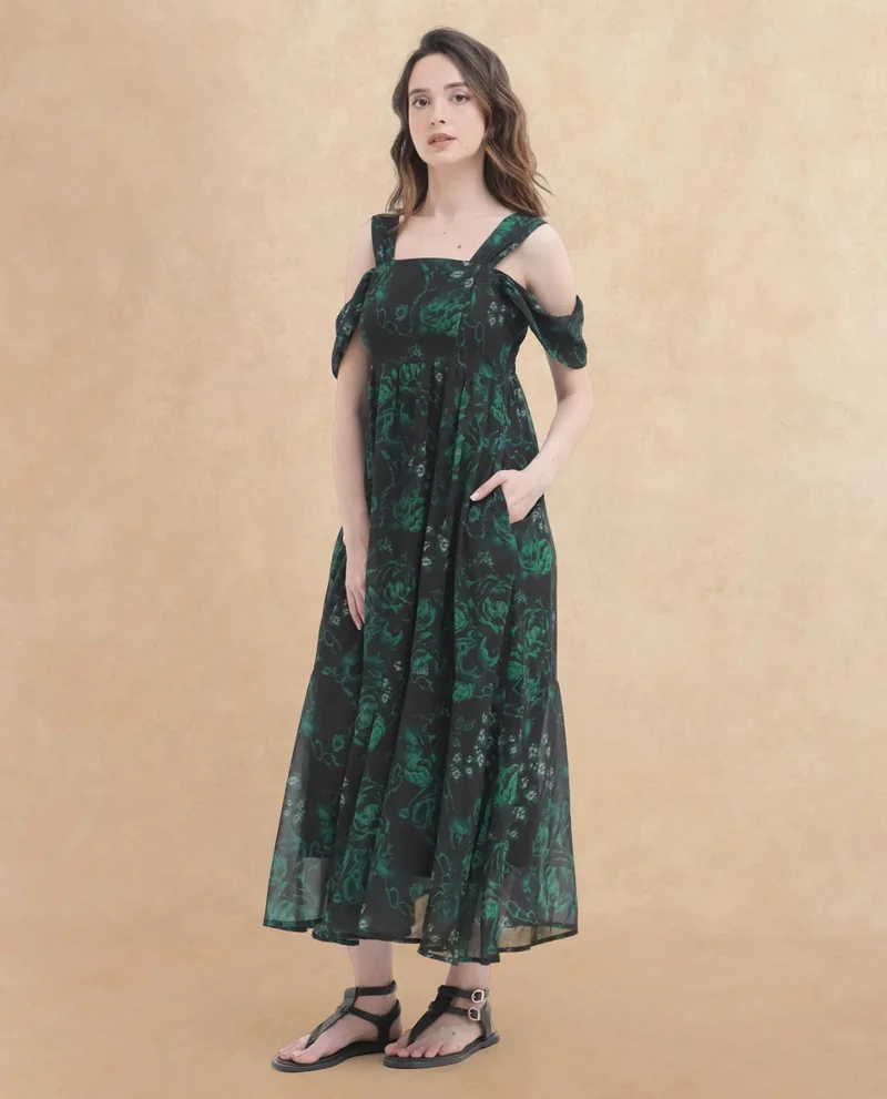 Rareism Women's Romantic Floral Georgette Midi Dress