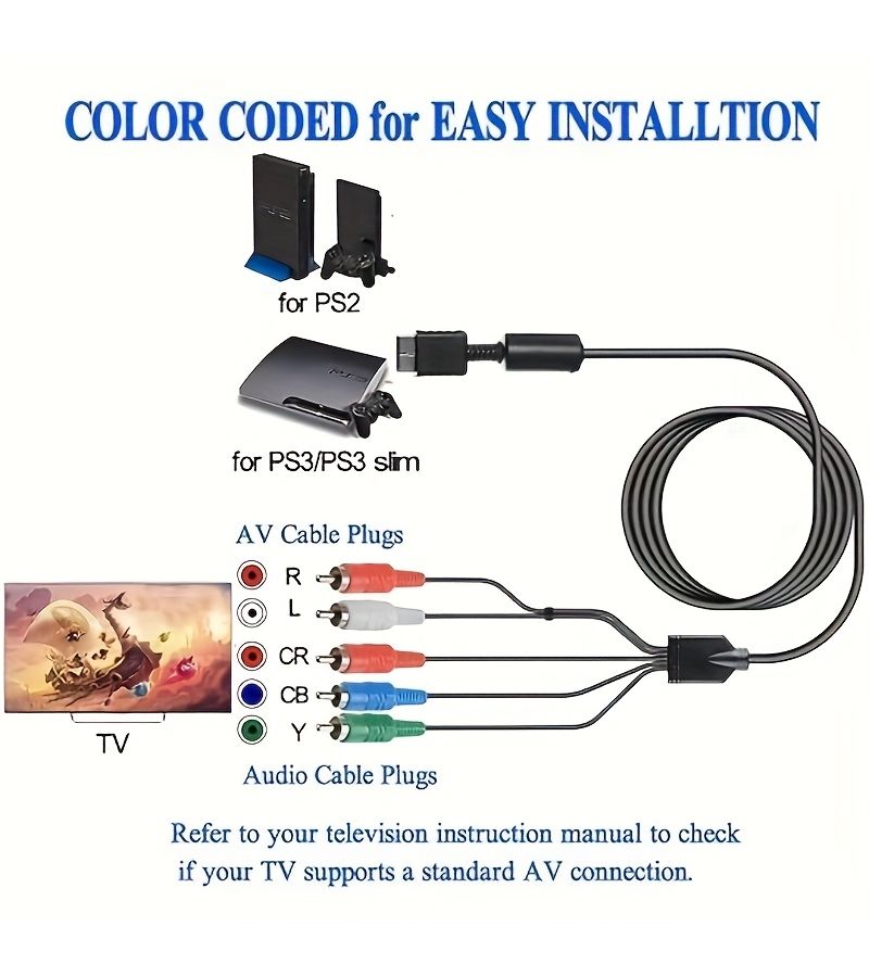 كابل AV متعدد المخرجات عالي الوضوح لنقل الفيديو والصوت، مناسب لأنظمة الألعاب PS2 وPS3، موصل لأجهزة التلفاز عالي الوضوح (HDTV) والتلفاز الرقمي المحسّن (EDTV)، ترميز الألوان، سلك PS2 الخماسي الألوان - Image 2