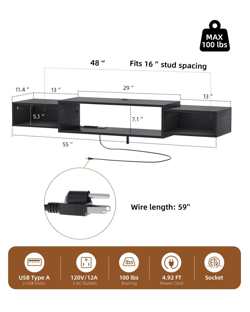 Vicodabo 55" Floating TV Stand with Power Outlet, Wall-Mounted Media Console Shelf for TVs, Modern Entertainment Center with Storage & Cable Management for Living Room,Bedroom (Black) - Image 5