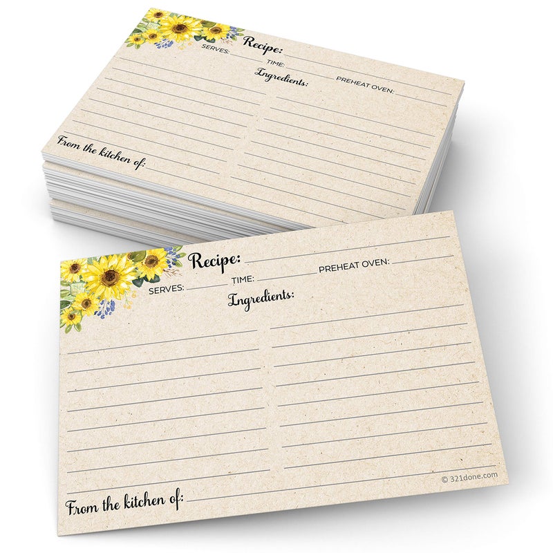 321Done Sunflower Recipe Cards Set of 50 Large 4x6  Rustic Kraft Tan From the Kitchen Of  DoubleSided for Weddings Bridal Baby Shower  Made in USA