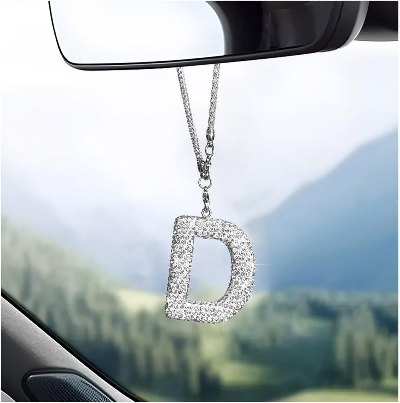 زينة مرآة الرؤية الخلفية للسيارة DXNQ Bling Initial، قلادة حرف لامع كريستالي لطيف، ديكور السيارة، قلادة حرف الماس المحظوظ المعلقة، زينة حقيبة مرآة السيارة للفتيات والنساء (حرف D) - Image 1