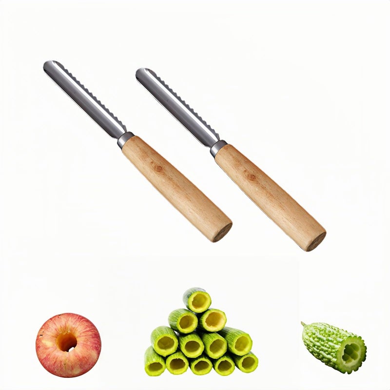 RyanDesign 2-Pack Vegetable Corer Tool - 8" Stainless Steel Fruit & Veggie Corer for Zucchini, Apples, Eggplant - Hollow Out for Stuffing with Wood Handle - Kitchen Coring Tool - Image 1
