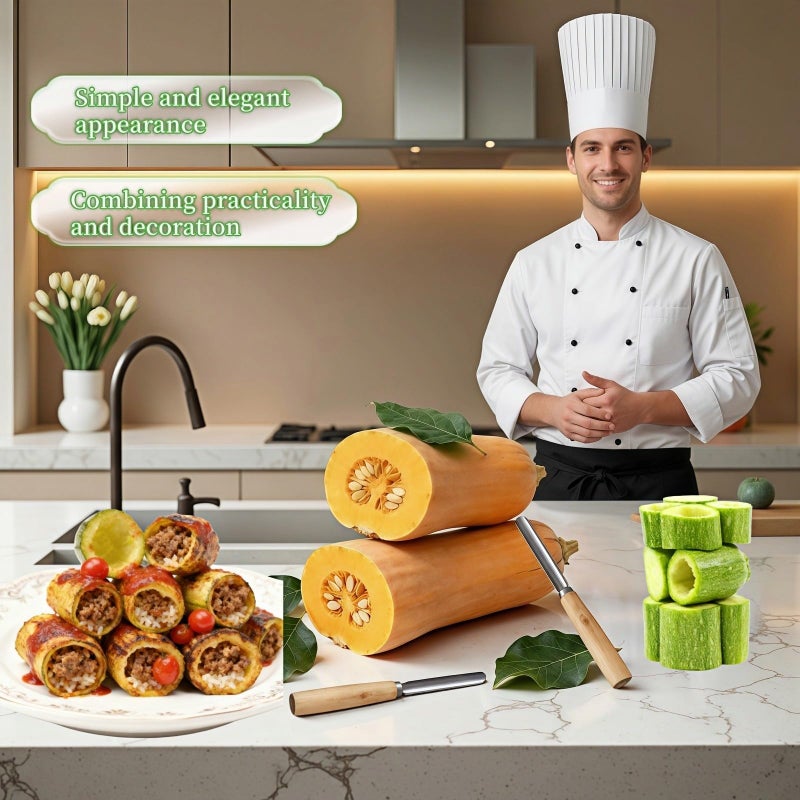 RyanDesign 2-Pack Vegetable Corer Tool - 8" Stainless Steel Fruit & Veggie Corer for Zucchini, Apples, Eggplant - Hollow Out for Stuffing with Wood Handle - Kitchen Coring Tool - Image 2